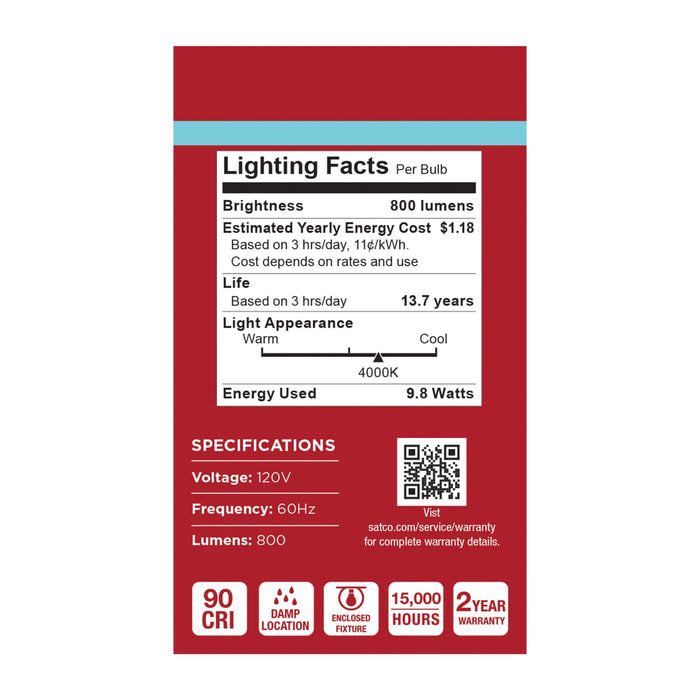 SATCO/NUVO 9.8W LED A19 Medium E26 Base 4000K 800Lm Plastic 90 CRI 120V 1-Pack (S14358)