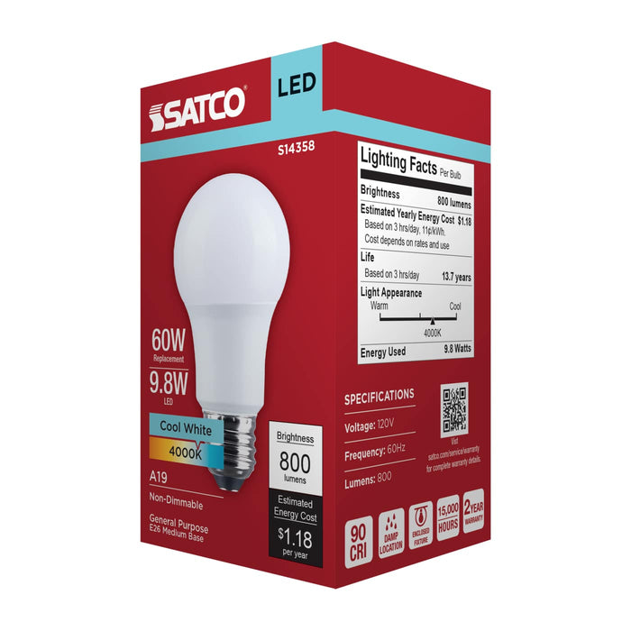 SATCO/NUVO 9.8W LED A19 Medium E26 Base 4000K 800Lm Plastic 90 CRI 120V 1-Pack (S14358)