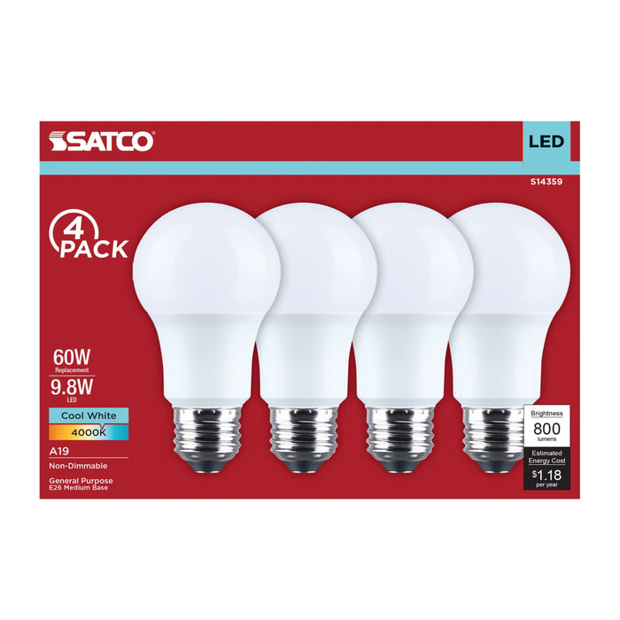 SATCO/NUVO 9.8W LED A19 Medium E26 Base 4000K 800Lm Plastic 90 CRI 120V 4-Pack (S14359)
