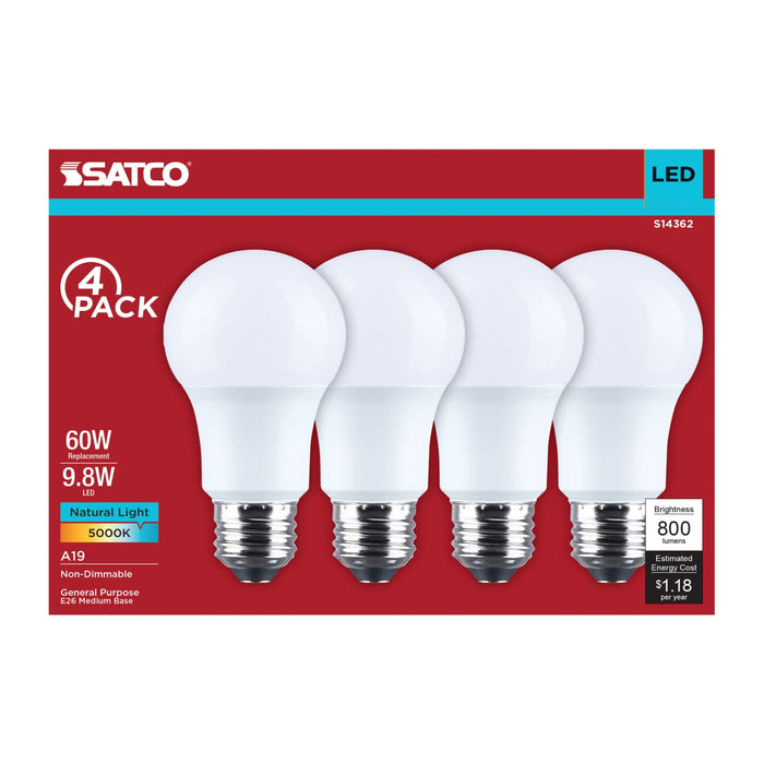 SATCO/NUVO 9.8W LED A19 Medium E26 Base 5000K 800Lm Plastic 90 CRI 120V 4-Pack (S14362)