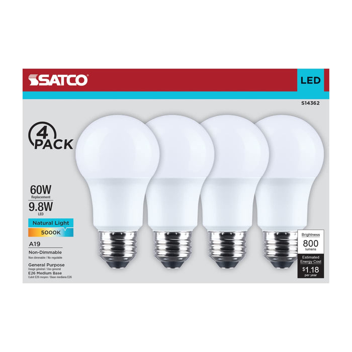 SATCO/NUVO 9.8W LED A19 Medium E26 Base 5000K 800Lm Plastic 90 CRI 120V 4-Pack (S14362)