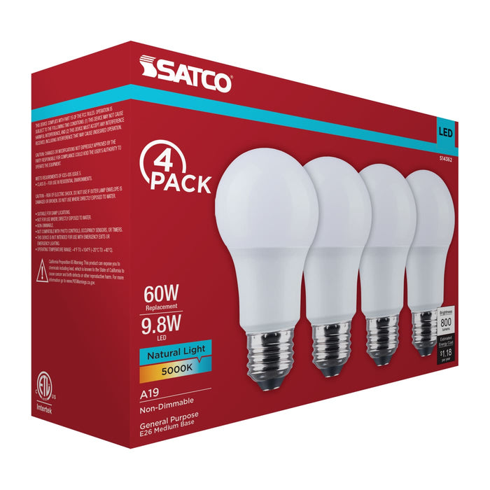SATCO/NUVO 9.8W LED A19 Medium E26 Base 5000K 800Lm Plastic 90 CRI 120V 4-Pack (S14362)