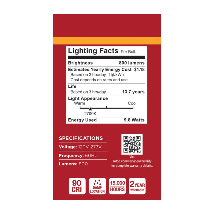 SATCO/NUVO 9.8W LED A19 Medium E26 Base 2700K 800Lm Plastic 90 CRI 120-277V 1-Pack (S14364)