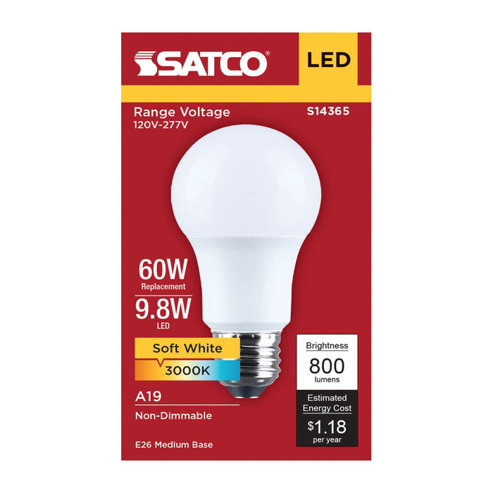 SATCO/NUVO 9.8W LED A19 Medium E26 Base 3000K 800Lm Plastic 90 CRI 120-277V 1-Pack (S14365)