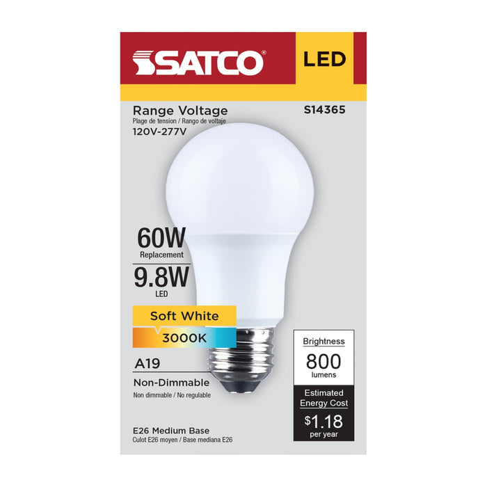 SATCO/NUVO 9.8W LED A19 Medium E26 Base 3000K 800Lm Plastic 90 CRI 120-277V 1-Pack (S14365)