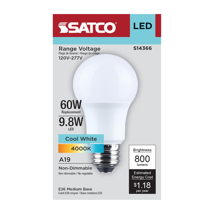 SATCO/NUVO 9.8W LED A19 Medium E26 Base 4000K 800Lm Plastic 90 CRI 120-277V 1-Pack (S14366)