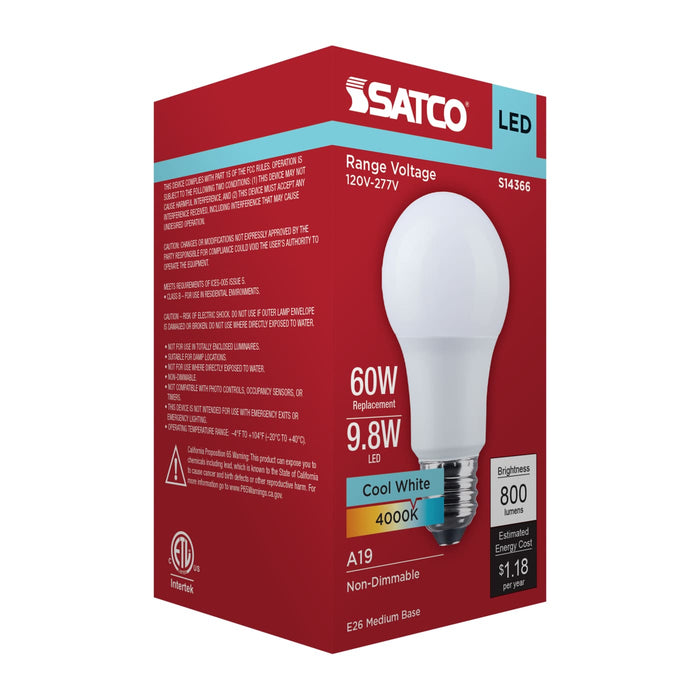 SATCO/NUVO 9.8W LED A19 Medium E26 Base 4000K 800Lm Plastic 90 CRI 120-277V 1-Pack (S14366)