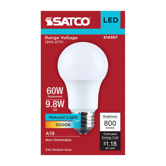SATCO/NUVO 9.8W LED A19 Medium E26 Base 5000K 800Lm Plastic 90 CRI 120-277V 1-Pack (S14367)
