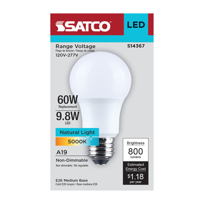 SATCO/NUVO 9.8W LED A19 Medium E26 Base 5000K 800Lm Plastic 90 CRI 120-277V 1-Pack (S14367)