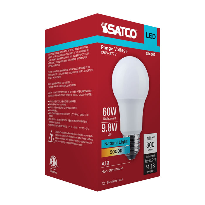 SATCO/NUVO 9.8W LED A19 Medium E26 Base 5000K 800Lm Plastic 90 CRI 120-277V 1-Pack (S14367)