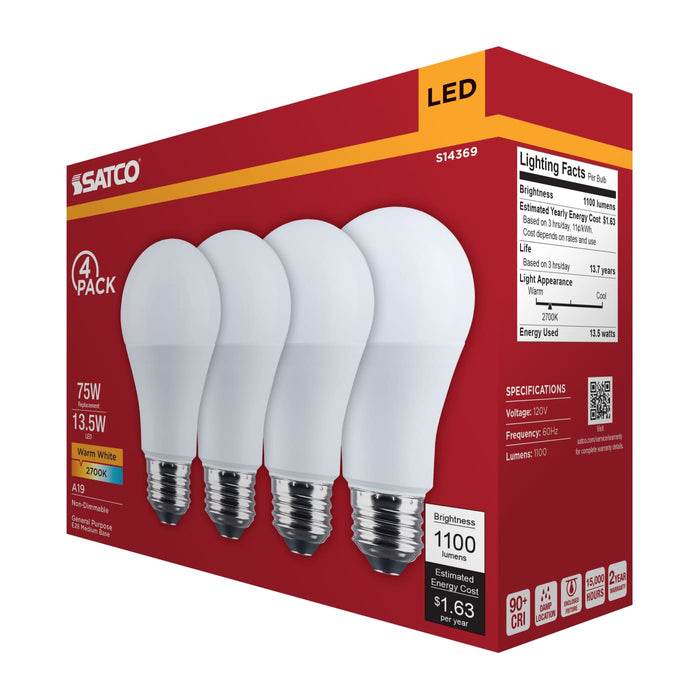 SATCO/NUVO 13.5W LED A19 Medium E26 Base 2700K 1100Lm Plastic 90 CRI 120V 4-Pack (S14369)
