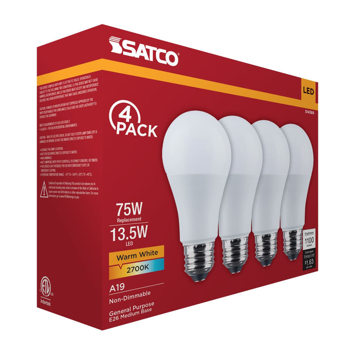 SATCO/NUVO 13.5W LED A19 Medium E26 Base 2700K 1100Lm Plastic 90 CRI 120V 4-Pack (S14369)