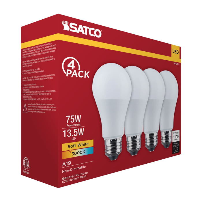 SATCO/NUVO 13.5W LED A19 Medium E26 Base 3000K 1100Lm Plastic 90 CRI 120V 4-Pack (S14371)