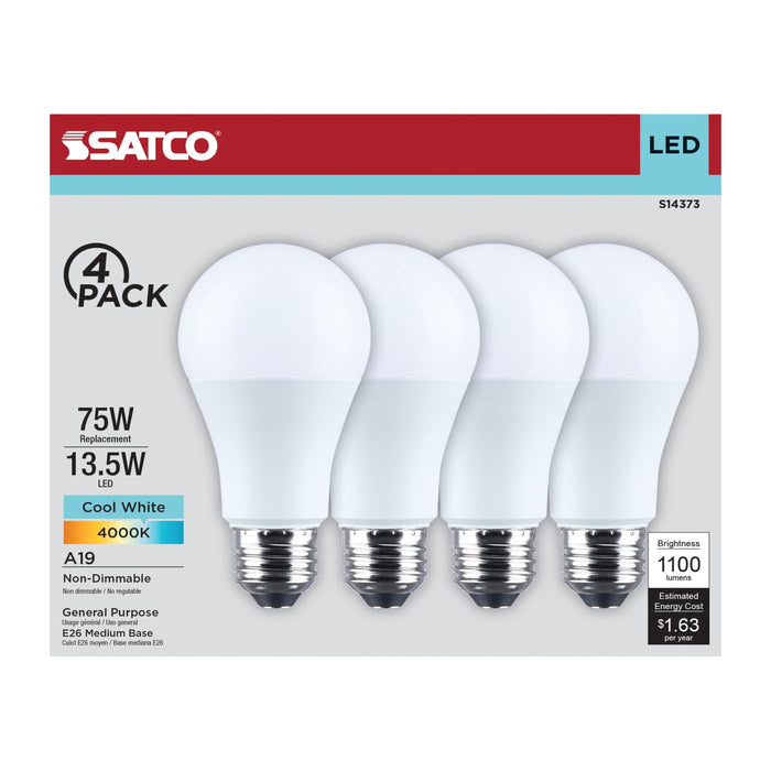 SATCO/NUVO 13.5W LED A19 Medium E26 Base 4000K 1100Lm Plastic 90 CRI 120V 4-Pack (S14373)
