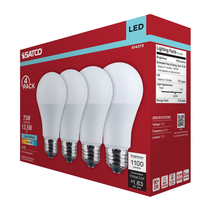 SATCO/NUVO 13.5W LED A19 Medium E26 Base 4000K 1100Lm Plastic 90 CRI 120V 4-Pack (S14373)