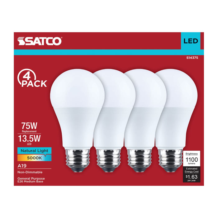 SATCO/NUVO 13.5W LED A19 Medium E26 Base 5000K 1100Lm Plastic 90 CRI 120V 4-Pack (S14375)