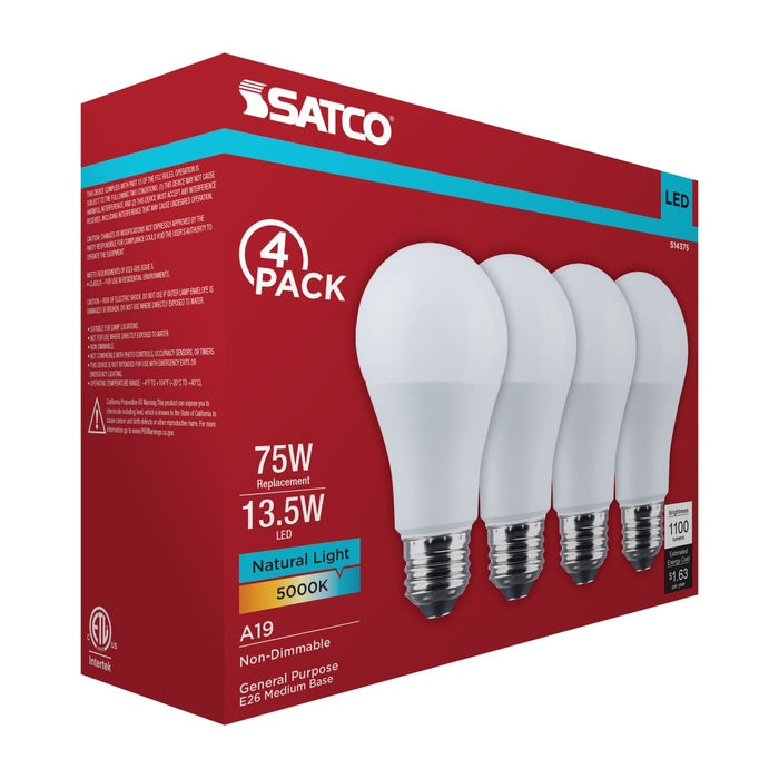 SATCO/NUVO 13.5W LED A19 Medium E26 Base 5000K 1100Lm Plastic 90 CRI 120V 4-Pack (S14375)