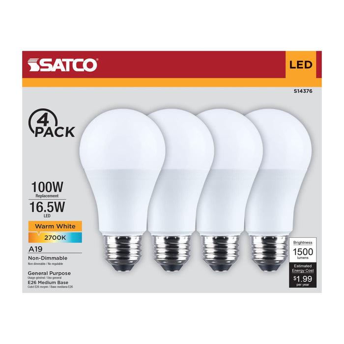 SATCO/NUVO 16.5W LED A19 Medium E26 Base 2700K 1500Lm Plastic 90 CRI 120V 4-Pack (S14376)