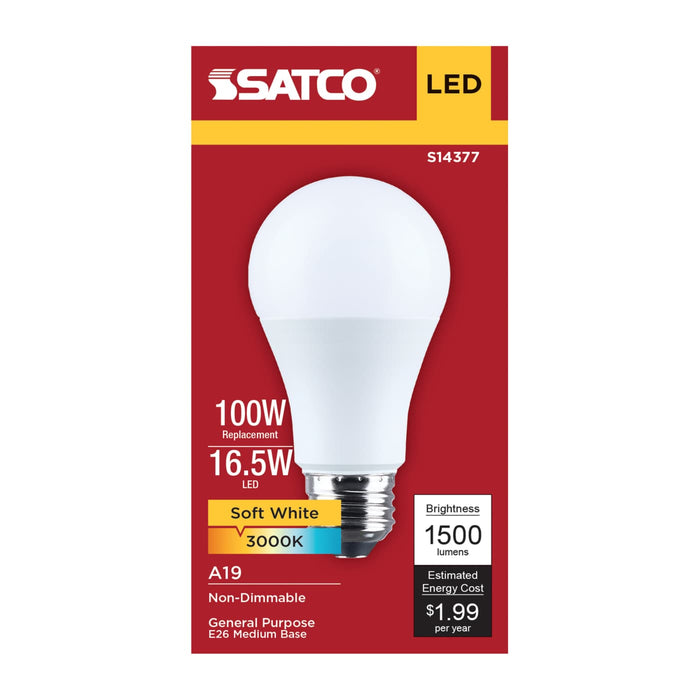 SATCO/NUVO 16.5W LED A19 Medium E26 Base 3000K 1500Lm Plastic 90 CRI 120V 1-Pack (S14377)