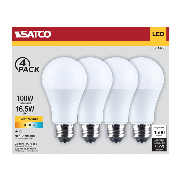 SATCO/NUVO 16.5W LED A19 Medium E26 Base 3000K 1500Lm Plastic 90 CRI 120V 4-Pack (S14378)