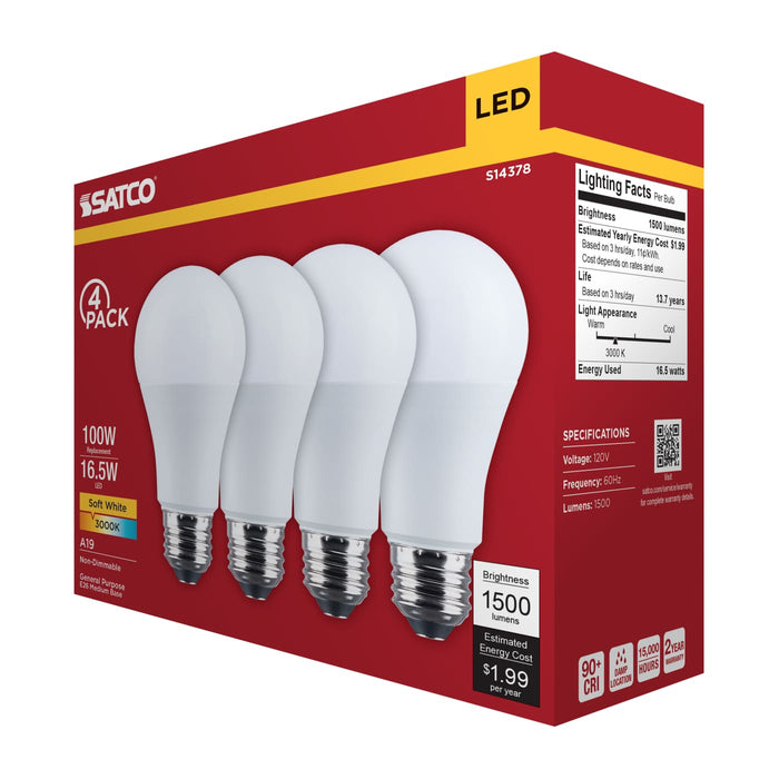 SATCO/NUVO 16.5W LED A19 Medium E26 Base 3000K 1500Lm Plastic 90 CRI 120V 4-Pack (S14378)