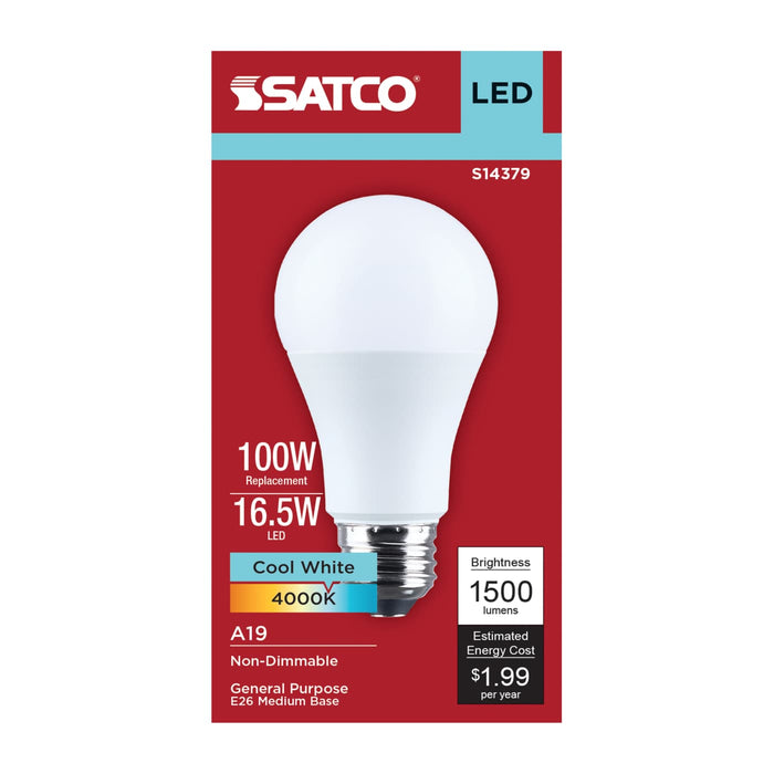 SATCO/NUVO 16.5W LED A19 Medium E26 Base 4000K 1500Lm Plastic 90 CRI 120V 1-Pack (S14379)