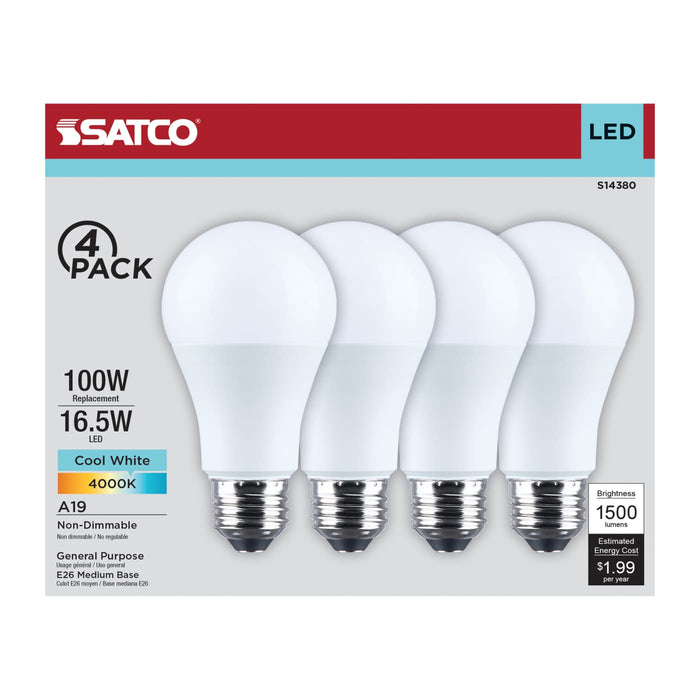 SATCO/NUVO 16.5W LED A19 Medium E26 Base 4000K 1500Lm Plastic 90 CRI 120V 4-Pack (S14380)