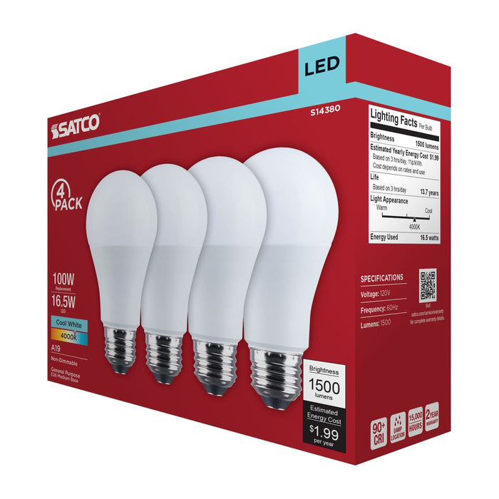 SATCO/NUVO 16.5W LED A19 Medium E26 Base 4000K 1500Lm Plastic 90 CRI 120V 4-Pack (S14380)