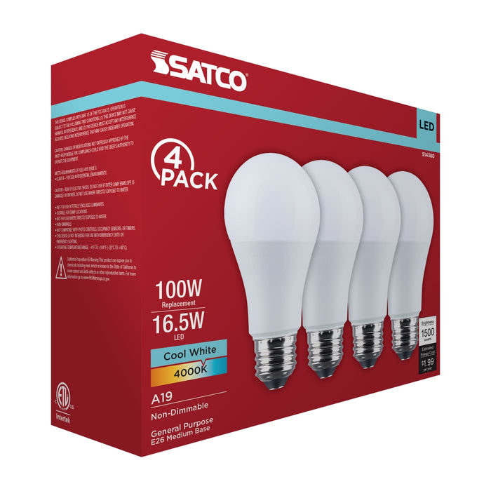 SATCO/NUVO 16.5W LED A19 Medium E26 Base 4000K 1500Lm Plastic 90 CRI 120V 4-Pack (S14380)