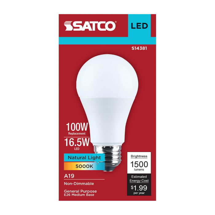 SATCO/NUVO 16.5W LED A19 Medium E26 Base 5000K 1500Lm Plastic 90 CRI 120V 1-Pack (S14381)