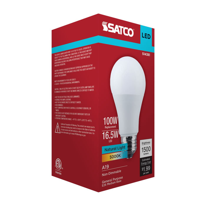 SATCO/NUVO 16.5W LED A19 Medium E26 Base 5000K 1500Lm Plastic 90 CRI 120V 1-Pack (S14381)