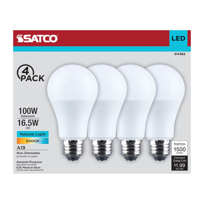 SATCO/NUVO 16.5W LED A19 Medium E26 Base 5000K 1500Lm Plastic 90 CRI 120V 4-Pack (S14382)