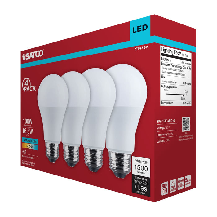 SATCO/NUVO 16.5W LED A19 Medium E26 Base 5000K 1500Lm Plastic 90 CRI 120V 4-Pack (S14382)