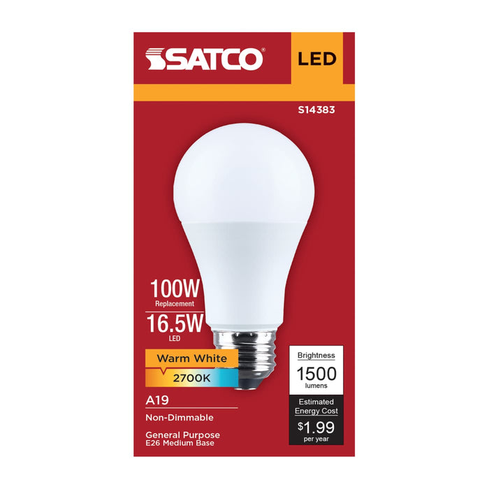 SATCO/NUVO 16.5W LED A19 Medium E26 Base 2700K 1500Lm Plastic 90 CRI 120V 1-Pack (S14383)