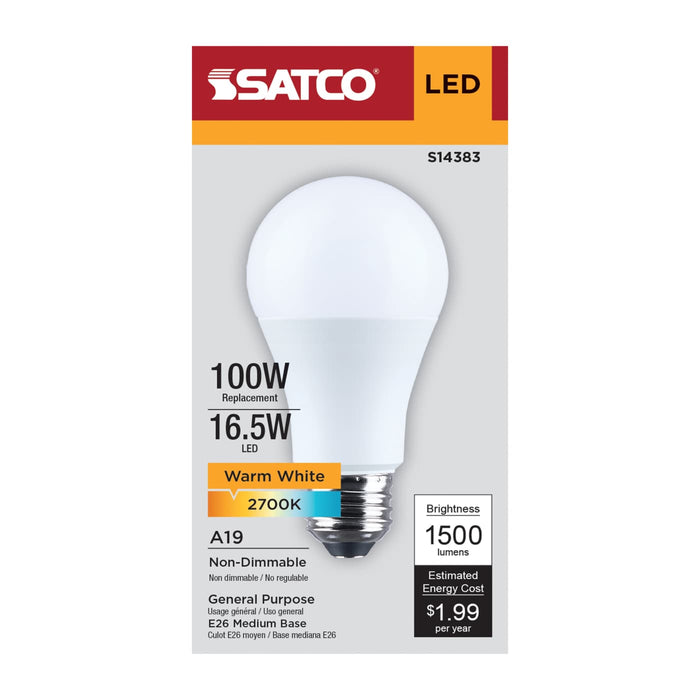 SATCO/NUVO 16.5W LED A19 Medium E26 Base 2700K 1500Lm Plastic 90 CRI 120V 1-Pack (S14383)