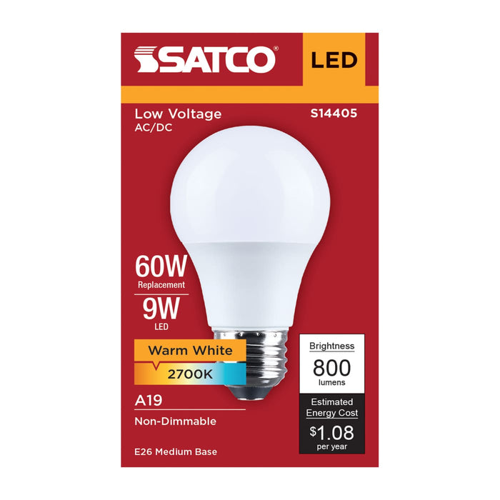 SATCO/NUVO 9W LED A19 2700K 800Lm Medium E26 Base Plastic 12-24V AC/12-34V DC 1-Pack (S14405)
