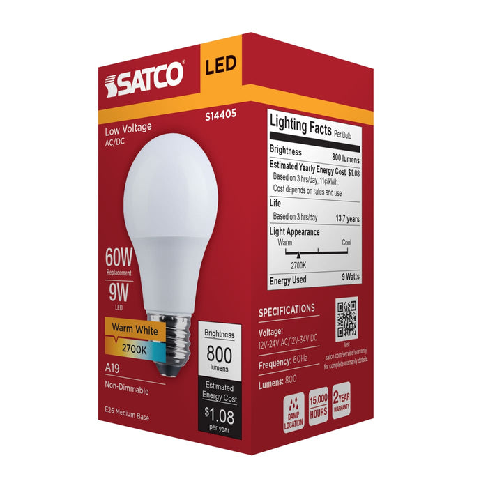 SATCO/NUVO 9W LED A19 2700K 800Lm Medium E26 Base Plastic 12-24V AC/12-34V DC 1-Pack (S14405)
