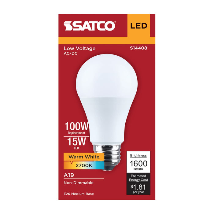 SATCO/NUVO 15W LED A19 2700K 1600Lm Medium E26 Base Plastic 12-24V AC/12-34V DC 1-Pack (S14408)