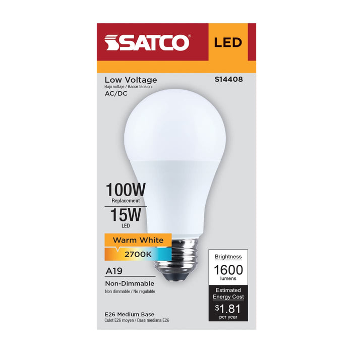 SATCO/NUVO 15W LED A19 2700K 1600Lm Medium E26 Base Plastic 12-24V AC/12-34V DC 1-Pack (S14408)