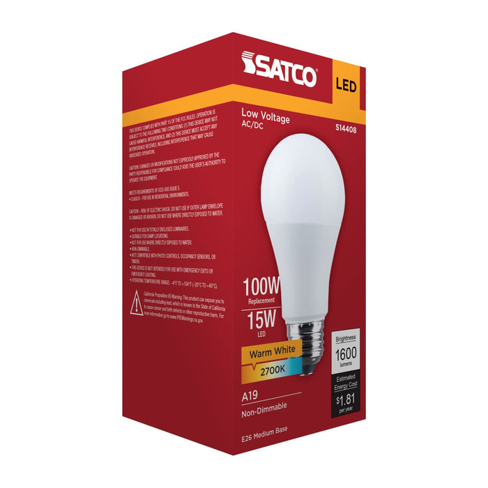 SATCO/NUVO 15W LED A19 2700K 1600Lm Medium E26 Base Plastic 12-24V AC/12-34V DC 1-Pack (S14408)