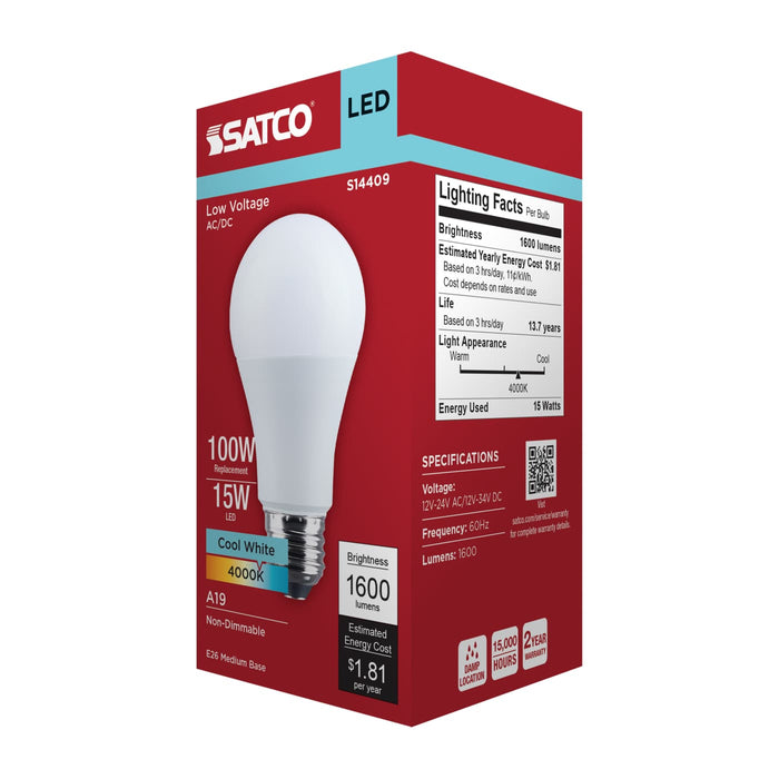 SATCO/NUVO 15W LED A19 4000K 1600Lm Medium E26 Base Plastic 12-24V AC/12-34V DC 1-Pack (S14409)