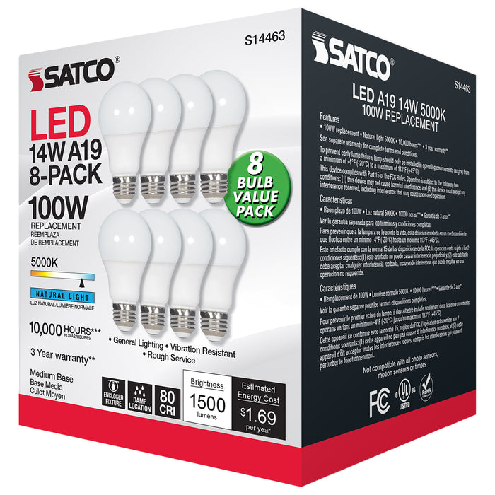 SATCO/NUVO 14W A19 LED 5000K 1500Lm Non-Dimmable E26 Base 80 CRI 8-Pack (S14463)