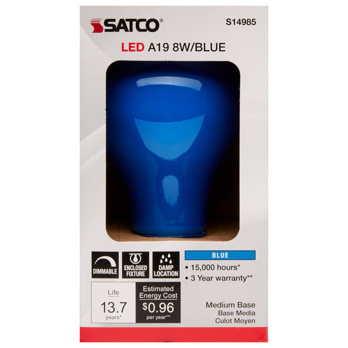 SATCO/NUVO 8W A19 LED Ceramic Blue Medium Base 360 Degree Beam Spread 120V (S14985)