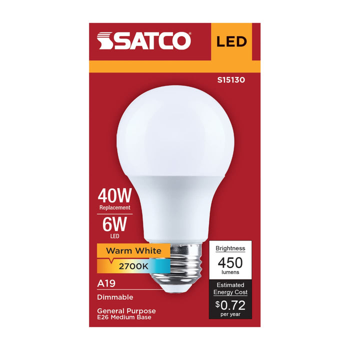 SATCO/NUVO 6W LED A19 Medium E26 Base 2700K 80 CRI Plastic, Dimmable 120V (S15130)