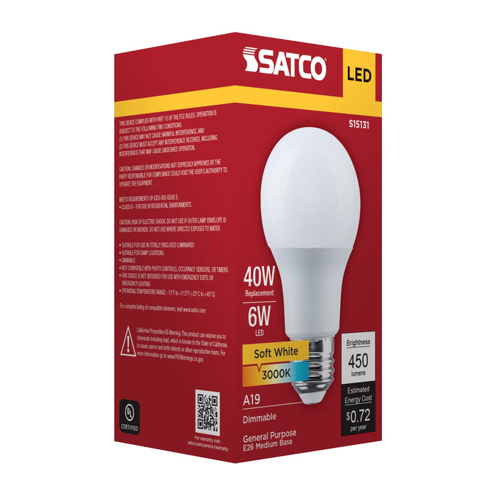 SATCO/NUVO 6W LED A19 Medium E26 Base 3000K 80 CRI Plastic Dimmable 120V (S15131)