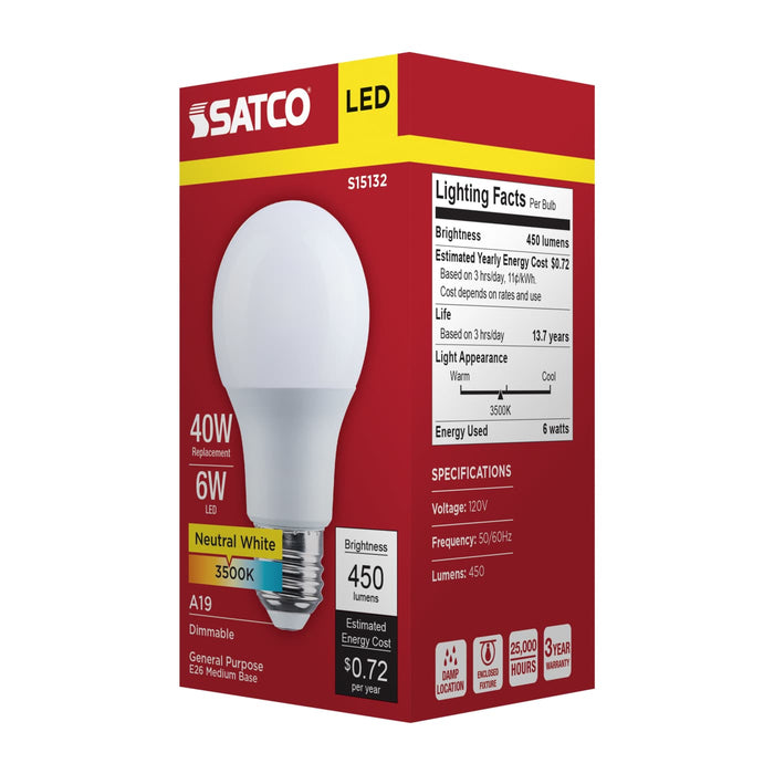 SATCO/NUVO 6W LED A19 Medium E26 Base 3500K 80 CRI Plastic Dimmable 120V (S15132)