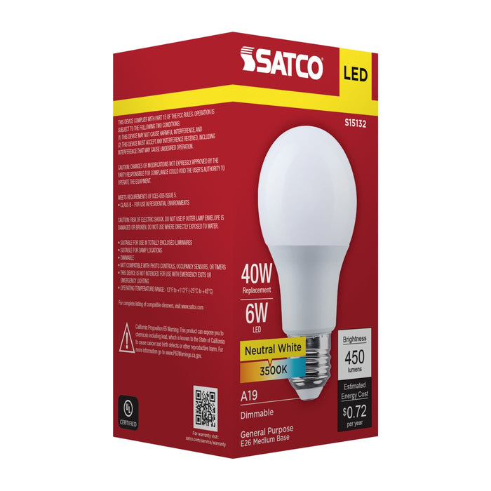 SATCO/NUVO 6W LED A19 Medium E26 Base 3500K 80 CRI Plastic Dimmable 120V (S15132)