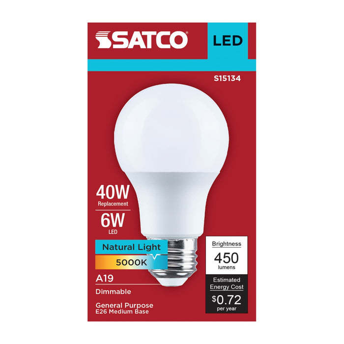 SATCO/NUVO 6W LED A19 Medium E26 Base 5000K 80 CRI Plastic Dimmable 120V (S15134)