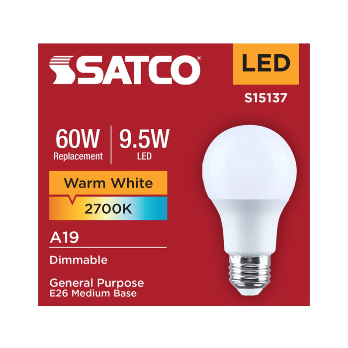 SATCO/NUVO 9.5W LED A19 Medium E26 Base 2700K 80 CRI Plastic Dimmable 120V (S15137)