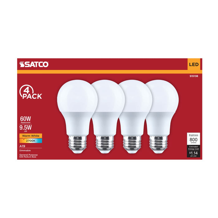 SATCO/NUVO 9.5W LED A19 Medium E26 Base 2700K 80 CRI Plastic Dimmable 120V 4-Pack (S15138)